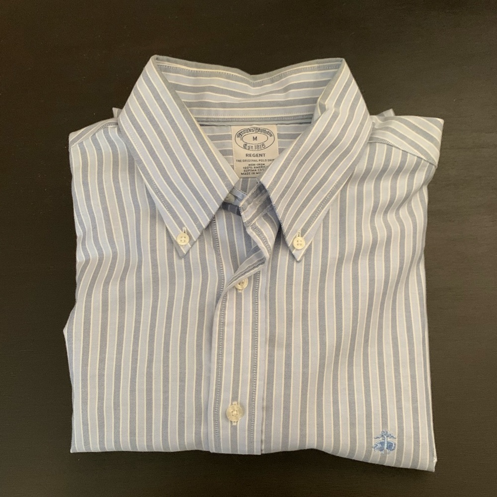 BROOKS BROTHERS, Regent Fit, Button Down, Long Sleeve, Blue Stripe, Medium